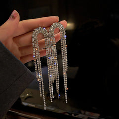 Rhinestone Tassel Drop Earrings Women Silver Long Crystal Sparkly Wedding Bride Jewelry Gift