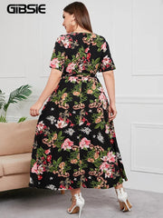 Maxi Dress Women Plus Size V-Neck Floral Print Boho Short Sleeve A-Line Belt Casual Spring Summer