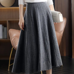 Women's Cashmere A-Line Skirt Pleated Knit Long Skirt 100%Wool Large Size High Waist Shirring Skirt