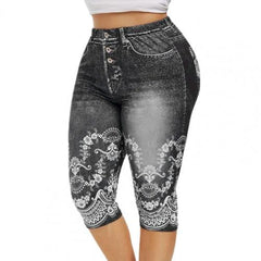 High Waist Faux Denim Print Capri Leggings Women Stretchy Yoga Casual Everyday Fashion Pants