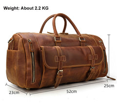 Leather Travel Duffel Bag with Shoe Compartment, Full Grain Genuine Cowhide Leather Duffle Carryall Weekender