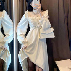 Puff Long Sleeve Lace Midi Dress Women French Vintage Elegant A-Line Casual Fashion Dress