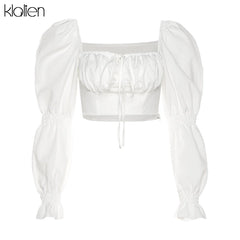 Puff Sleeve Floral Crop Top Women French Romantic Square Collar Elegant Spring Summer Party Fashion
