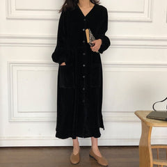 Corduroy Maxi Dress Women Elegant Pocket Vintage Full Sleeve Single Breasted Casual Fashion