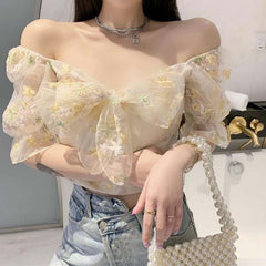 Puff Sleeve Lace Chiffon Midi Dress Women French Fairy Daisy Sage Elegant Casual Summer Fashion
