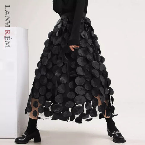 Midi Skirt Women Polka Dot Gauze Mesh Elastic Waist Loose A-Line Streetwear Casual Fashion Skirt