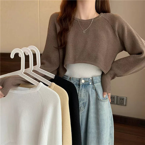 Knit Crop Sweater Women Loose O-Neck Pullover Casual Cozy Everyday Winter Fashion Top