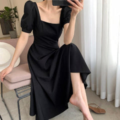 Puff Sleeve Vintage Midi Dress Women Casual Short Sleeve Elegant Spring Summer Fashion Dress