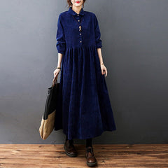 Corduroy Midi Dress Women Casual Loose Elegant Vintage Office Casual Fashion Dress