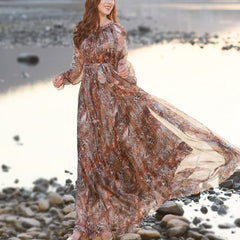 Long Sleeve Floral Printed Maxi Dress Women Loose A-Line Casual Elegant Fashion Dress