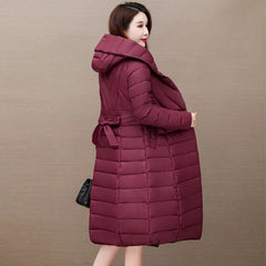 Long Puffer Jacket Women Hooded Thick Padded Slim Parka Sashes Warm Winter Casual Outerwear