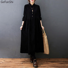 Corduroy Midi Dress Women Casual Loose Elegant Vintage Office Casual Fashion Dress