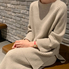 Pant Set Women 2-Piece Thick Warm Knitted Pullover Sweater High Waist Loose Wide Leg Pants Casual