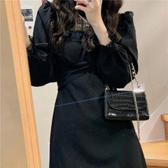 Puff Long Sleeve Lace Midi Dress Women French Vintage Elegant A-Line Casual Fashion Dress
