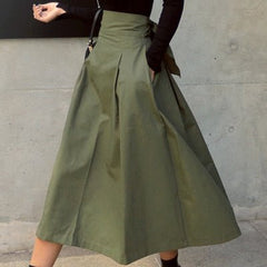 High Waist A-Line Midi Skirt Women Bow Slim Umbrella Elegant Casual Party Fashion Skirt