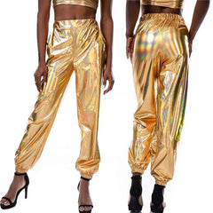 High Waist Metallic Pants Women Smooth Shiny Lantern Reflective Trousers Casual Party Fashion
