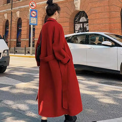 Long Double Breasted Coat Women Chic Loose Belt Elegant Autumn Winter Casual Outerwear Fashion