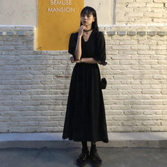 Puff Long Sleeve Midi Dress Women Elegant V-Neck Streetwear Party Casual Fashion Dress
