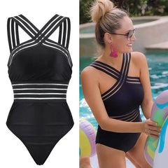 One-Piece Swimsuit Women Black Striped Bandage Push Up Triangle Beach Bathing Suit Swimwear Summer