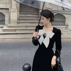 Velvet Puff Sleeve Midi Dress Women Elegant Big Bow Black Evening Gown Party Fashion Dress