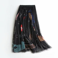 High Waist Floral Print Tulle Midi Skirt Women Mesh Pleated Elegant Spring Summer Fashion
