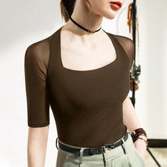 Mesh Top Women Vintage Short Sleeve Square Collar Stretchy Black Casual Fashion T-Shirt Top