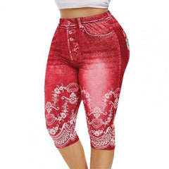 High Waist Faux Denim Print Capri Leggings Women Stretchy Yoga Casual Everyday Fashion Pants