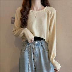 Knit Crop Sweater Women Loose O-Neck Pullover Casual Cozy Everyday Winter Fashion Top