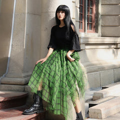 Women's Green Plaid Tulle Print Skirt Asymmetric Elastic Waist Streetwear A-line Midi Layered Skirt