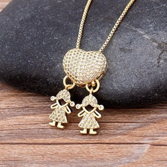 Heart Pendant Necklace Women Gold Cubic Zirconia Family Mother Daughter Son Jewelry Gift