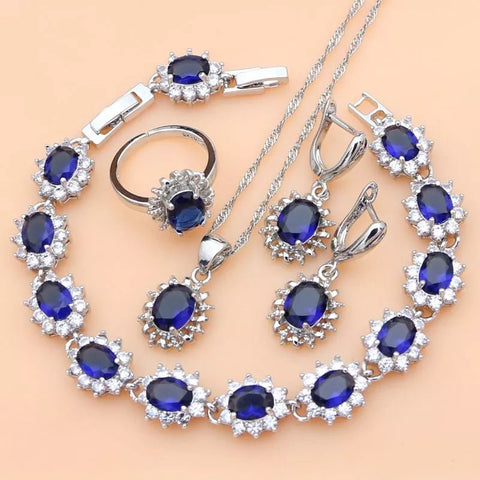Jewelry Set Women 925 Sterling Silver Sapphire Stone Necklace 7 Colors Fine Fashion Jewelry Gift