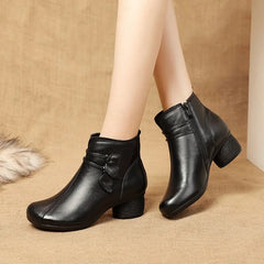 Ankle Boots Women Thick Heel Handmade Genuine Leather Flower Zipper Plush Lining Retro Warm Autumn