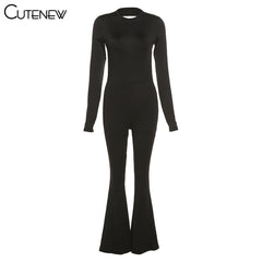 Backless Flare Leg Jumpsuit Women Bodycon Slim Long Sleeve O-Neck Casual Playsuit Fashion