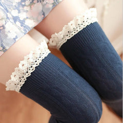 Thigh High Stockings Women Over-The-Knee Lace Knit Cotton Warm Long Fashion Knee Socks Hosiery