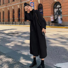 Long Double Breasted Coat Women Chic Loose Belt Elegant Autumn Winter Casual Outerwear Fashion