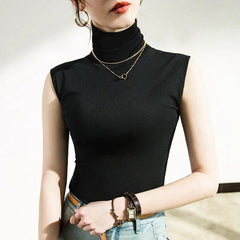 Turtleneck Tank Top Women Slim Sleeveless Chic Black Casual Elegant Autumn Fashion Top