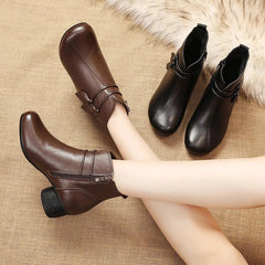 Ankle Boots Women Thick Heel Handmade Genuine Leather Flower Zipper Plush Lining Retro Warm Autumn