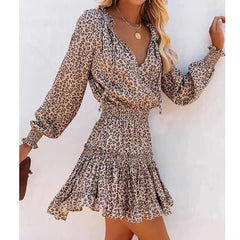 Mini Dress Women Long Lantern Sleeve Vintage Leopard Print V-Neck Elastic Waist Boho Casual Fashion
