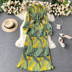 Stand-Up Collar Pleated Maxi Dress Women Retro Printed Long Casual Elegant Fashion Dress