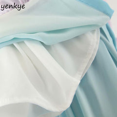 Gradient Printed Chiffon Maxi Dress Women V-Neck Long Sleeve Ruffle Boho A-Line Casual Fashion
