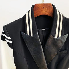 Blazer Women Classic Academia Double Breasted Button Leather Sleeve Patchwork Chic Fashion Jacket