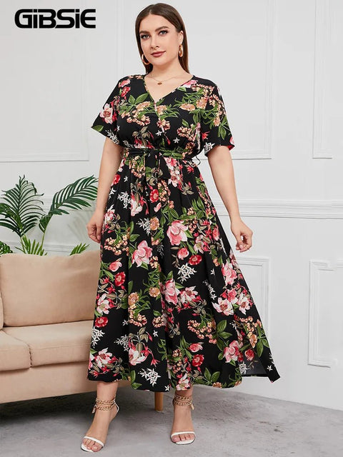 Maxi Dress Women Plus Size V-Neck Floral Print Boho Short Sleeve A-Line Belt Casual Spring Summer