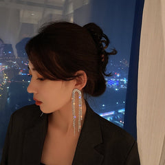 Rhinestone Tassel Drop Earrings Women Silver Long Crystal Sparkly Wedding Bride Jewelry Gift