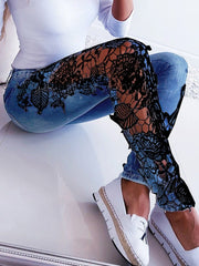 Floral Embroidered Lace Skinny Jeans Women Elegant Denim Pencil Casual Fashion Trousers