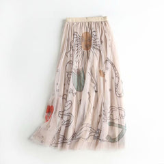 High Waist Floral Print Tulle Midi Skirt Women Mesh Pleated Elegant Spring Summer Fashion