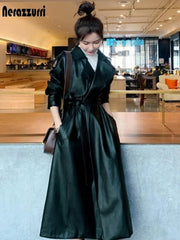 Faux Leather Trench Coat Women Black Oversized Long Waterproof Vegan Casual Chic Outerwear Fashion