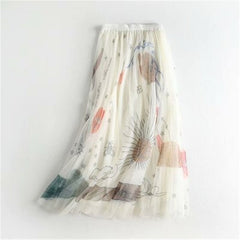 High Waist Floral Print Tulle Midi Skirt Women Mesh Pleated Elegant Spring Summer Fashion