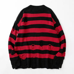 Striped Hollow Out Sweater Women Punk Grunge Distressed Hole Casual Streetwear Fashion Top