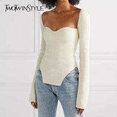 Sweater Women White Side Split Knitted Square Collar Long Sleeve Off Shoulder Casual Fashion Top