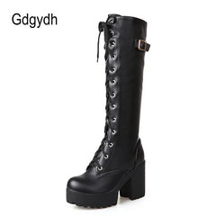 Knee High Boots Women Gothic Lace Faux Leather Chic Elegant Fashion Shoes